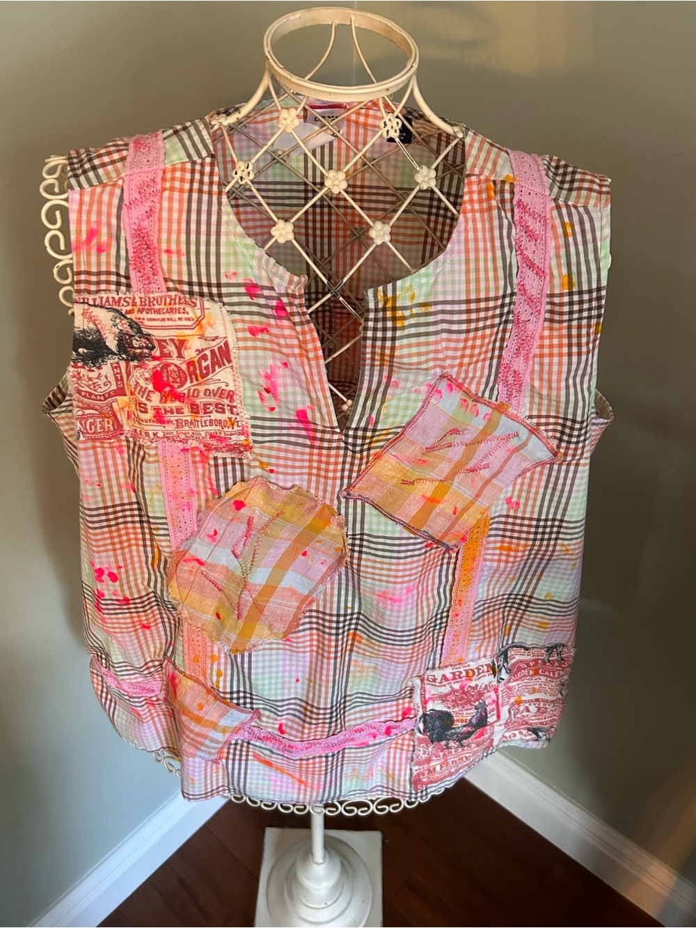 Upcycled Plaid Patchwork Tank with Neon Paint Splatter